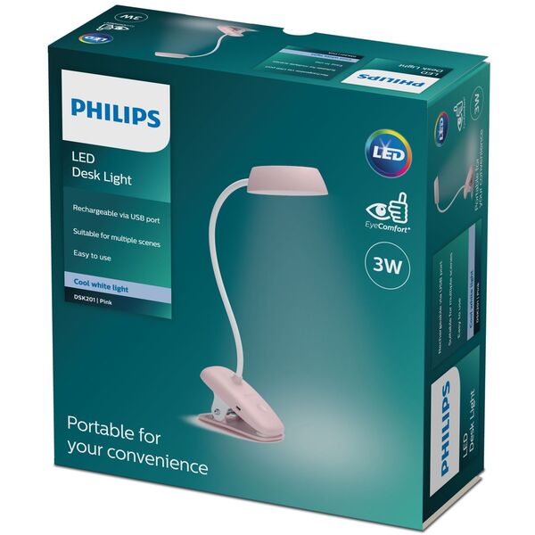 Επαναφορτιζόμενη λάμπα LED με κλιπ PHILIPS DONUTCLIP, 3W, 4000K, 175lm, ρυθμιζόμενη, ροζ.