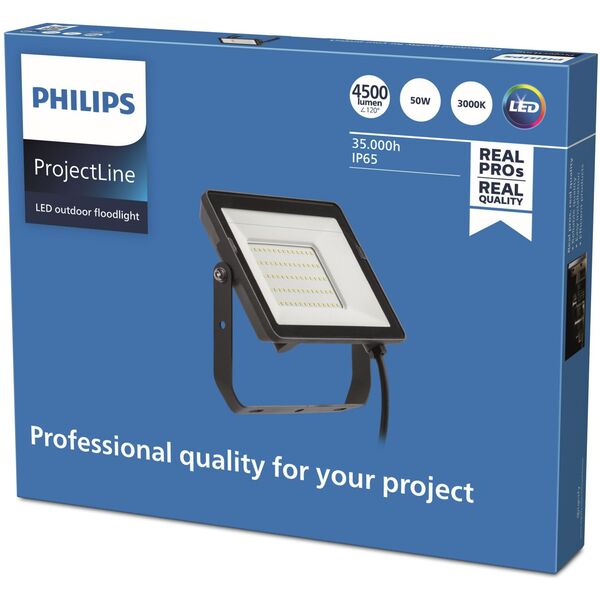 LED spotlight PHILIPS, IP65, 50W, 3000 K, 4500 lm, black, 22.3 x 3.1 x 18.3 cm