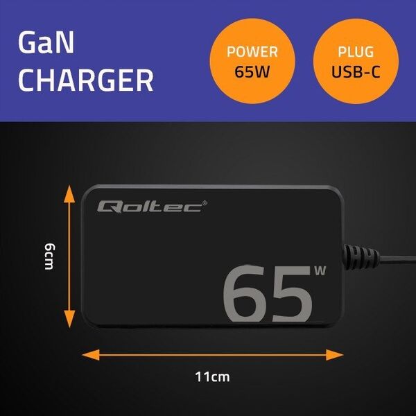 Ładowarka sieciowa Qoltec 65W GaN Super Fast SLIM | PD | 5-20V | 3.25A | USB-C 3.1 | Laptop | MacBook | Smartfon | +kabel