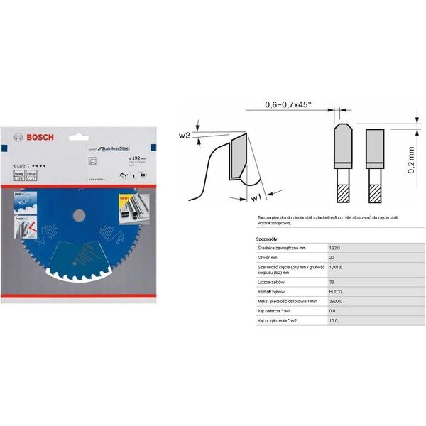 Piła łańcuchowa Bosch BOSCH PIŁA TARCZOWA EXPERT 192 x 20mm 38-ZĘBÓW STAL SZLACHETNA, INOX B2608644288