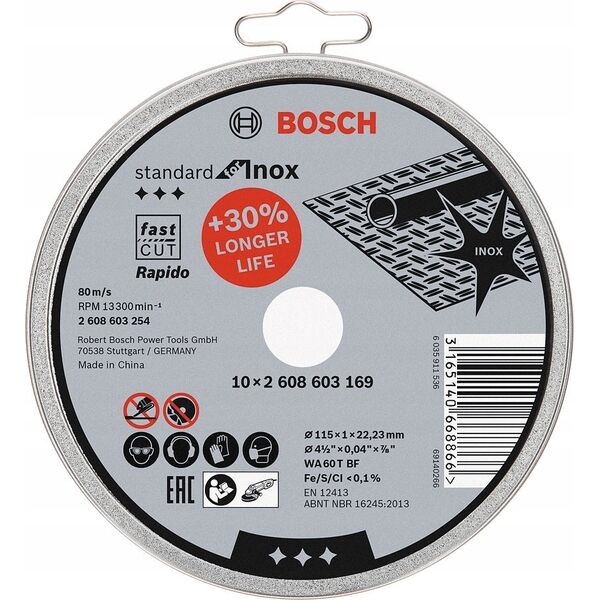 Δίσκος κοπής Bosch Bosch Standard για Inox, Rapido, 115x1mm κουτί (10 τεμάχια, WA 60 T BF)
