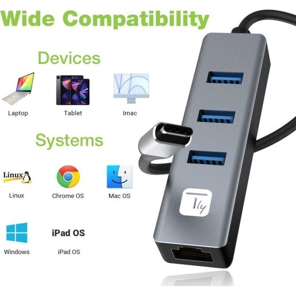 Adapter Techly Karta Sieciowa USB-C 3.1 na RJ45 Gigabit z Hubem 3x USB 3.0