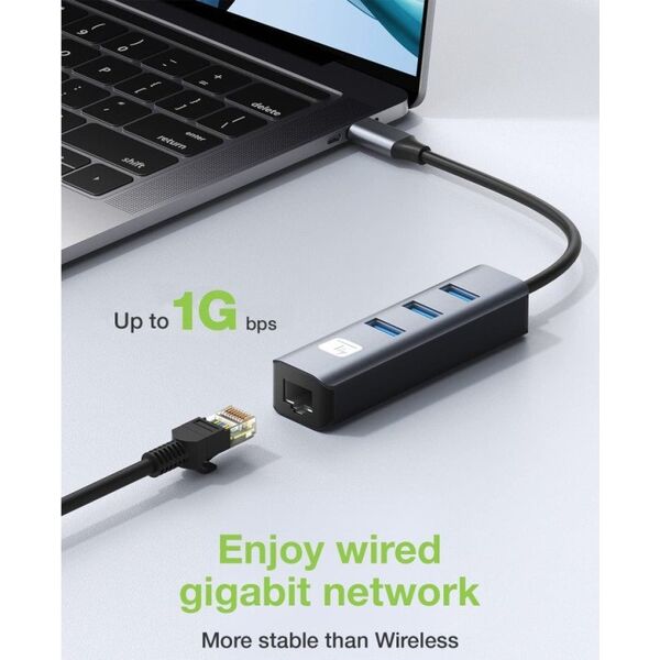 Adapter Techly Karta Sieciowa USB-C 3.1 na RJ45 Gigabit z Hubem 3x USB 3.0