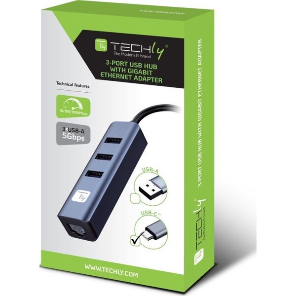 Adapter Techly Karta Sieciowa USB-C 3.1 na RJ45 Gigabit z Hubem 3x USB 3.0