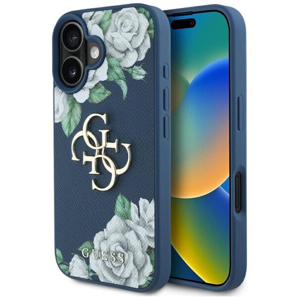 Etui Guess Grained Roses Big 4G logo do  iPhone 16 niebieski