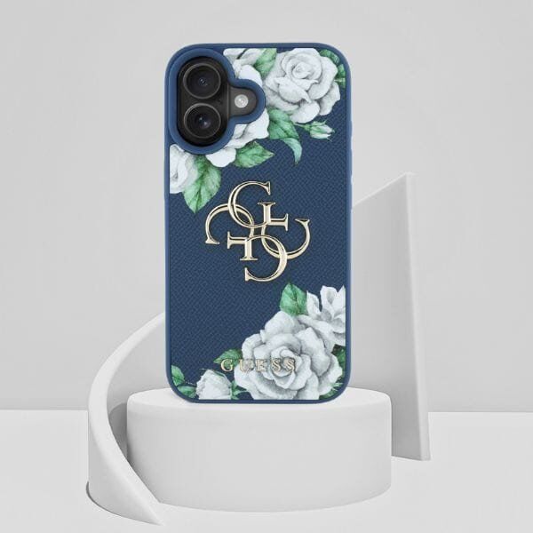 Etui Guess Grained Roses Big 4G logo do  iPhone 16 niebieski