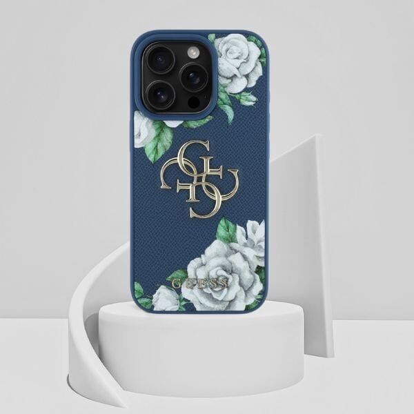 Etui Guess Grained Roses Big 4G logo do  iPhone 16 Pro Max niebieski