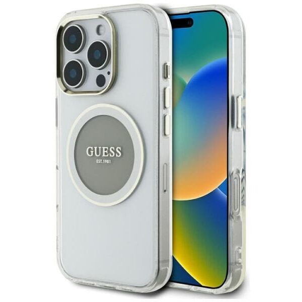 Etui Guess IML Metal Colored Circle      Classic Logo MagSafe do iPhone 16 Pro szary
