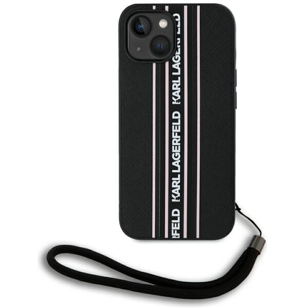 Etui Karl Lagerfeld Saffiano Athleisure  Stripes Cord do iPhone 15 czarno-różowy