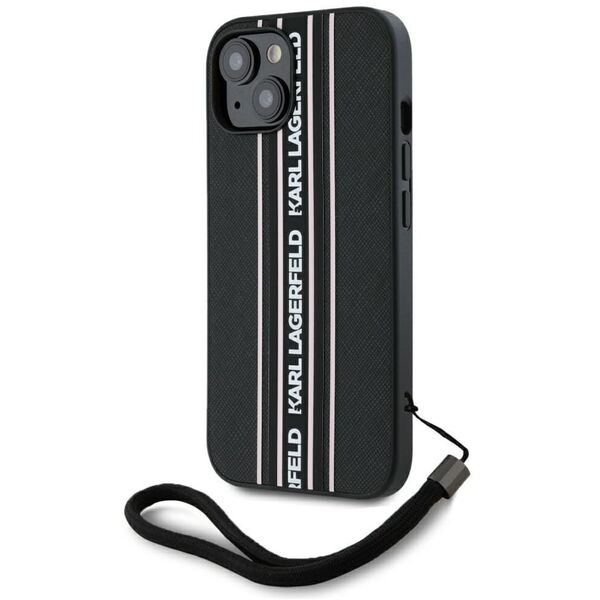 Etui Karl Lagerfeld Saffiano Athleisure  Stripes Cord do iPhone 15 czarno-różowy