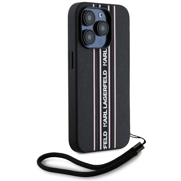 Etui Karl Lagerfeld Saffiano Athleisure  Stripes Cord do iPhone 15 Pro czarno-różowy