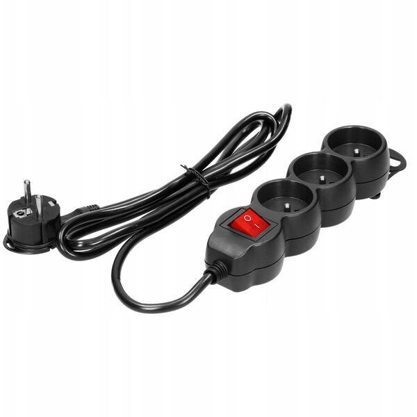 Przedłużacz 3-krotny 2P+Z z wyłącznikiem, 1,5m H05VV-F 3x1,5mm2, Imax=16A, płaska wtyczka, czarny
