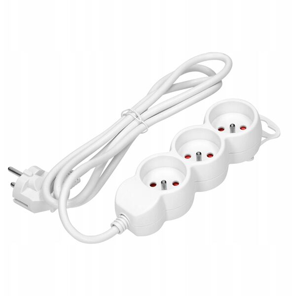 Przedłużacz 3-krotny 2P+Z, 5m H05VV-F 3x1,5mm2, Imax=16A, płaska wtyczka, biały