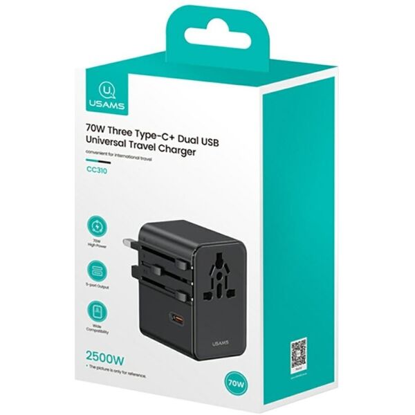 Ładowarka sieciowa USAMS Travel Adapter  CC310 3xUSB-C 70W 4w1 US/AU/EU/UK czarny