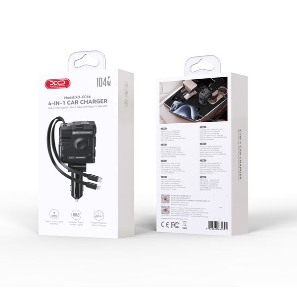 XO car charger CC66 104W 1x USB 1x USB-C black with cable USB-C and cable Lightning 6920680861644