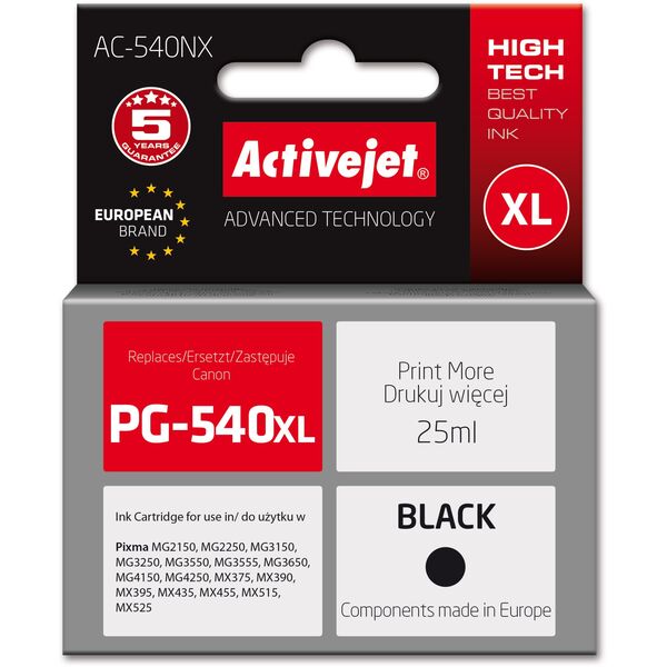 Activejet AC-540NX Tusz (zamiennik Canon PG-540XL| Supreme| 25 ml| czarny)