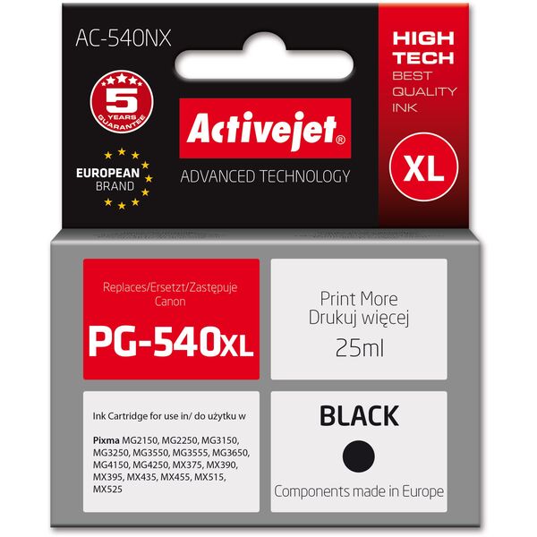 Activejet AC-540NX Tusz (zamiennik Canon PG-540XL| Supreme| 25 ml| czarny)