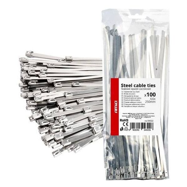 Opaski zaciskowe metalowe ze stali nierdzewnej 4.6x250mm 100 szt. amio-04322