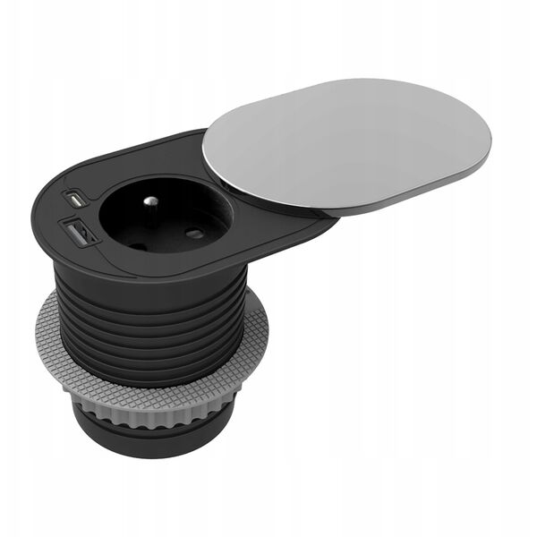Gniazdo meblowe ?6cm, wpuszczane w blat z przesuwną pokrywką, ładowarką USB i przewodem 1,9m, 1x2P+Z (French), 1xUSB (typ A+C| PD20W), srebrne