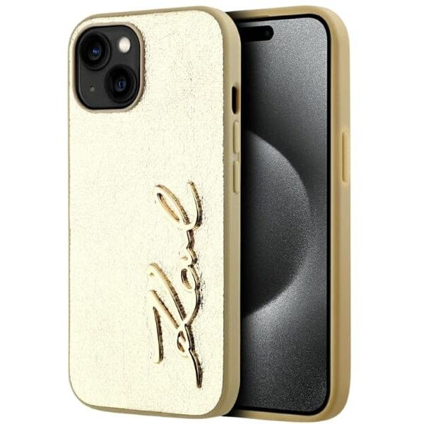 Etui Karl Lagerfeld Wrinkled Metal       Signature do iPhone 15 złoty