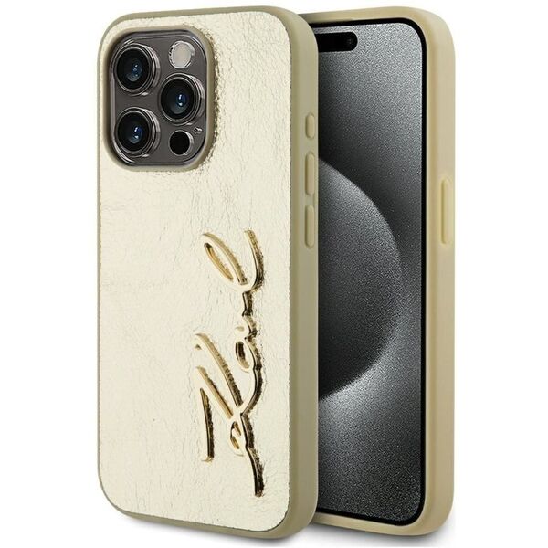 Etui Karl Lagerfeld Wrinkled Metal       Signature do iPhone 15 Pro złoty