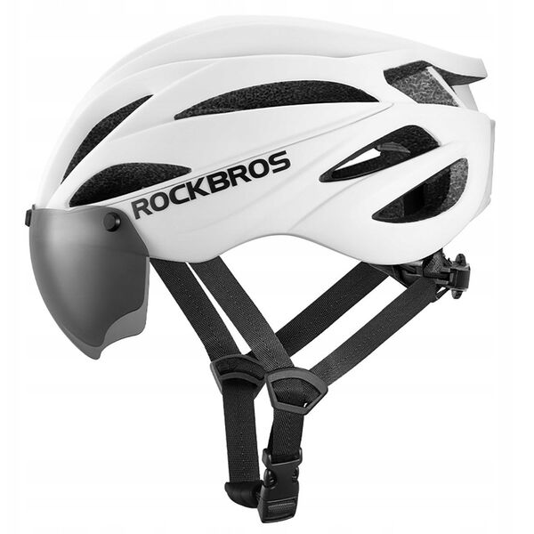 Kask rowerowy Rockbros z szybką, odpinane okulary z ochroną UV, unisex, błyszczący - biały