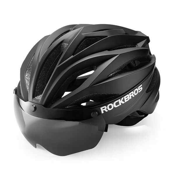 Kask rowerowy Rockbros z szybką, odpinane okulary z ochroną UV, unisex - czarny