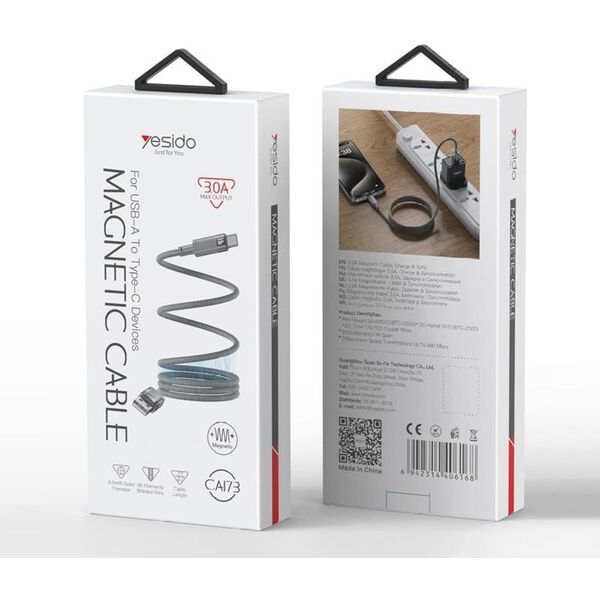 yesido Μαγνητικό Καλώδιο CA173 18W USB-TC 1m 3A, ΓΚΡΙ / SZARY