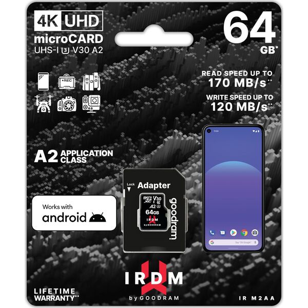 Karta GoodRam IRDM M2AA MicroSDXC 64 GB Class 10 UHS-I/U3 A2 V30 (IR-M2AA-0640R12)