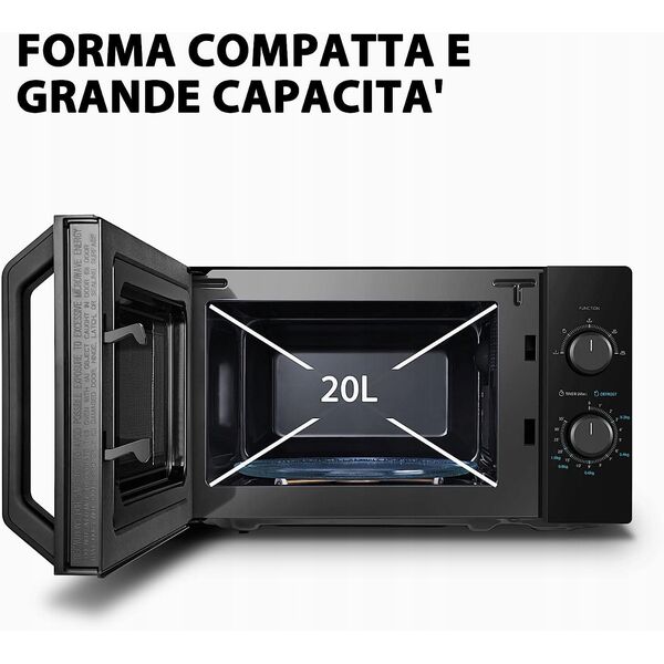 Microwave oven  volume 20L  mechanical control  800W  5 power levels  LED lighting  defrosting  cooking end signal  black