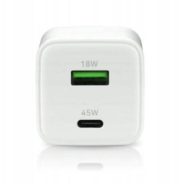Ładowarka sieciowa GaN 1X USB, 1X USB-C 45W QC4+ PD Biała