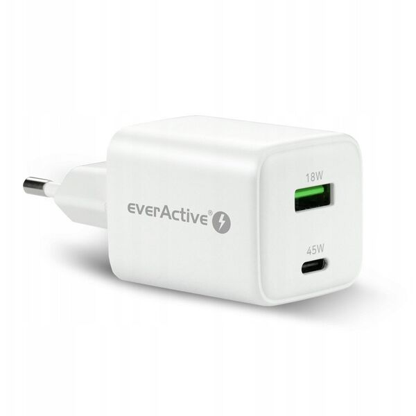 Ładowarka sieciowa GaN 1X USB, 1X USB-C 45W QC4+ PD Biała