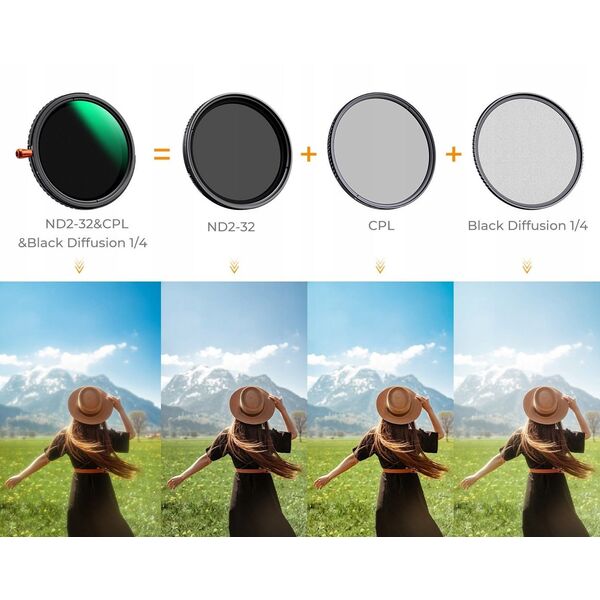 Filtr Hybrydowy 3w1 K&F 49 mm 49mm Fader ND2-32 + CPL + Black Diffusion 1/4 / KF01.2920V2