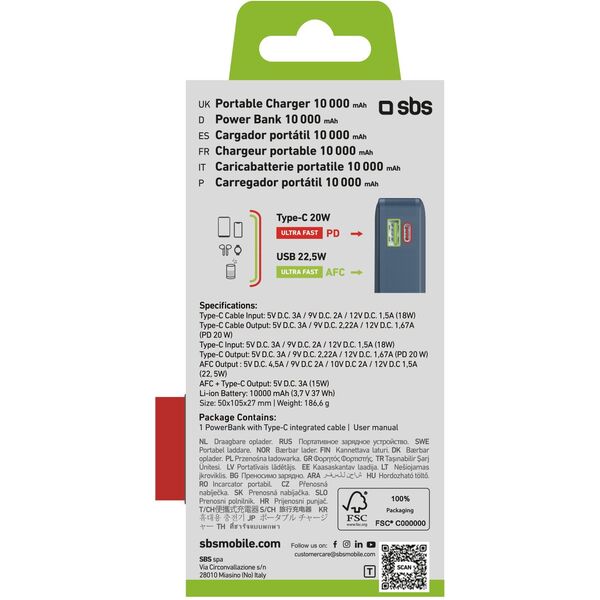 SBS TTBB10000LCDTCPD20B bank mocy 10000 mAh Niebieski