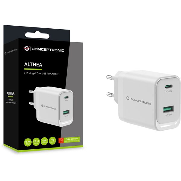 Conceptronic ALTHEA20W45 ładowarka do urządzeń przenośnych Uniwersalne Biały Prąd przemienny Szybkie ładowanie Wewnętrzna