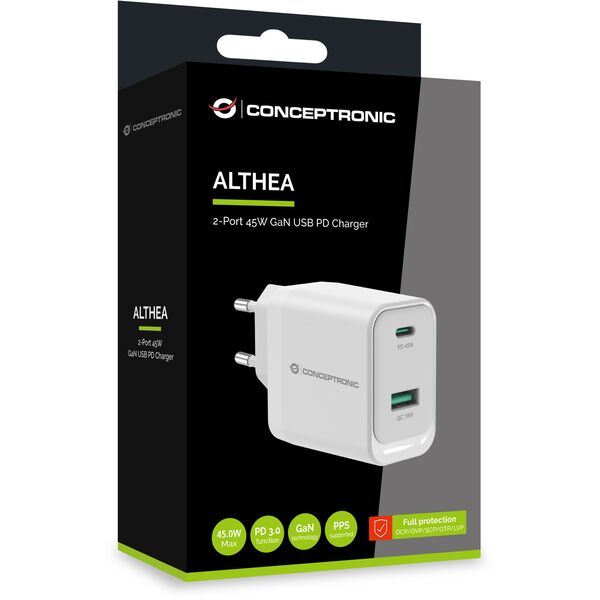 Conceptronic ALTHEA20W45 ładowarka do urządzeń przenośnych Uniwersalne Biały Prąd przemienny Szybkie ładowanie Wewnętrzna