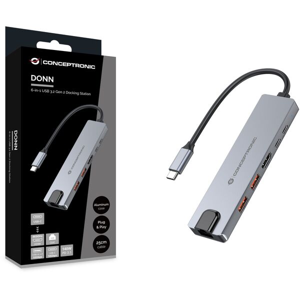 Conceptronic DONN29G stacja dokująca Przewodowa USB 3.2 Gen 2 (3.1 Gen 2) Type-C Szary