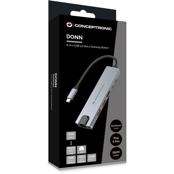 Conceptronic DONN29G stacja dokująca Przewodowa USB 3.2 Gen 2 (3.1 Gen 2) Type-C Szary