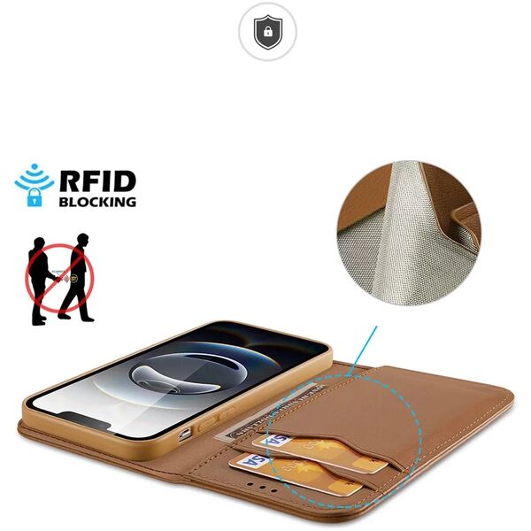 Etui ochronne do iPhone 16e Dux Ducis Hivo z klapką i ochroną RFID - brązowe