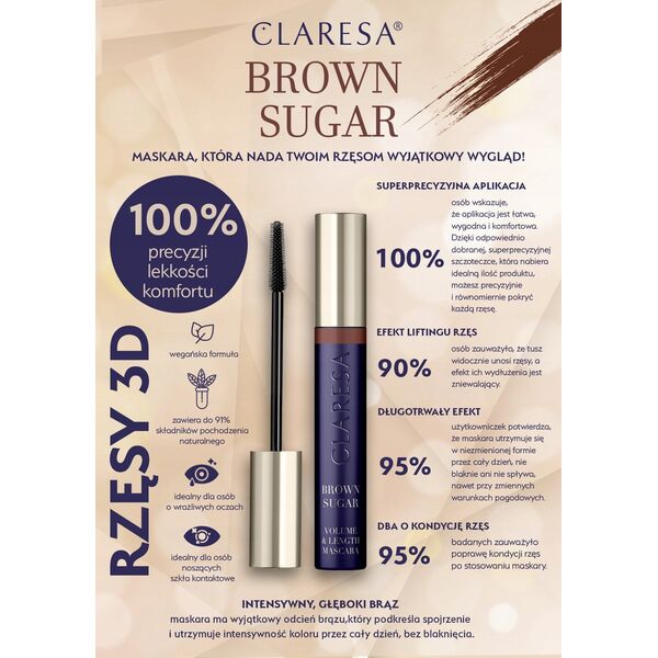 CLARESA_Brown Sugar Volume &amp| Length Mascara tusz do rzęs wydłużająco-pogrubiający Brązowy 10g