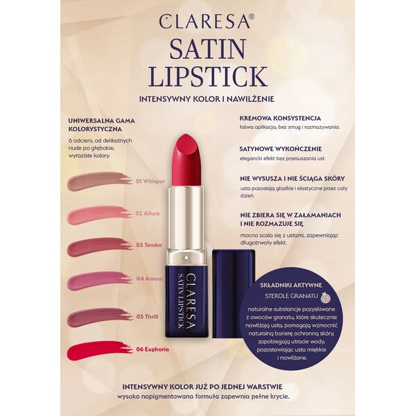 CLARESA_Satin Lipstick satynowa pomadka w sztyfcie 03 Tender 4g