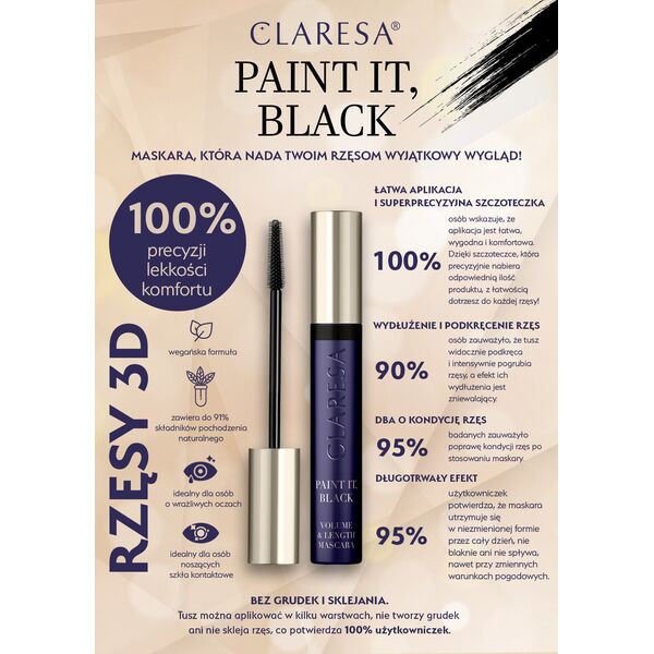 CLARESA_Paint It, Black, Volume &amp| Length mascara tusz do rzęs wydłużająco-pogrubiający Czarny 10g