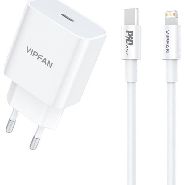 Kabel USB Vipfan Ładowarka sieciowa Vipfan E04, USB-C, 20W, QC 3.0 + kabel Lightning (biała)