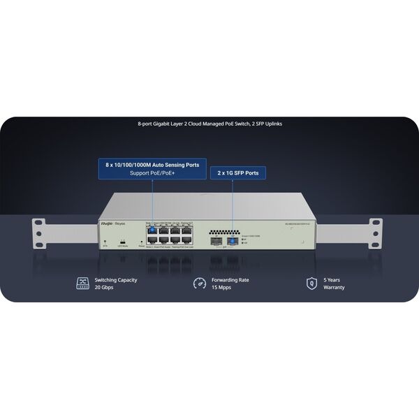 Ruijie Reyee RG-NBS3100-8GT2SFP-P-V2| Switch Zarządzalny, 10 portów, 8xGE, 8xPoE, 125W, 2xSFP, L2, Desktop, Cloud