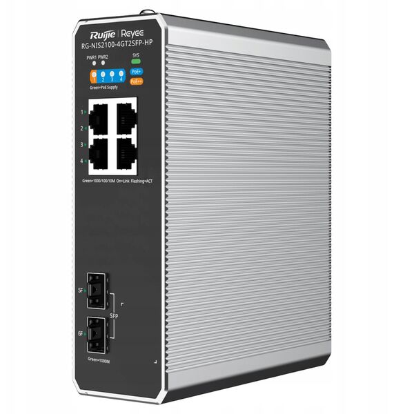 Ruijie Reyee RG-NIS2100-4GT2SFP-HP| Switch zarządzalny przemysłowy, 6 portów, 4xGE, 1xPoE++, 3xPoE+, 180W, 2xSFP, L2, Cloud