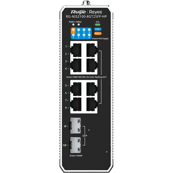 Ruijie Reyee RG-NIS2100-8GT2SFP-HP| Switch zarządzalny przemysłowy, 10 portów, 8xGE, 1xPoE++, 7xPoE+, 300W, 2xSFP, L2, Cloud
