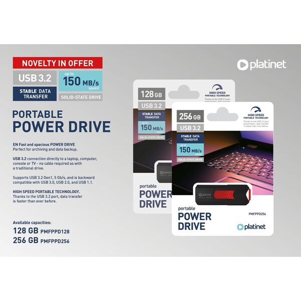 PLATINET PORTABLE POWER DRIVE USB 3.2 UP TO 150MB/s 128GB BLACK [46154]