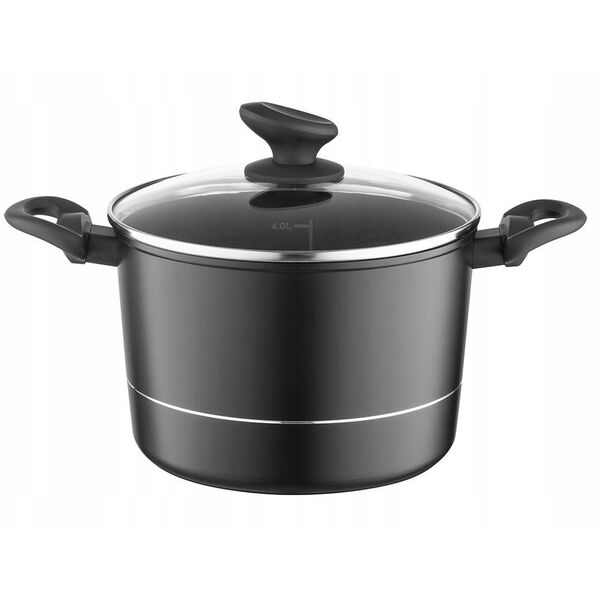 GARNEK DELUX 24 CM 6,2L. Z POKRYWKĄ, WYSOKI, IND. by M.G. (CZARNY, POWŁOKA NIEPRZYWIERALNA , UCHWYT CZARNY)