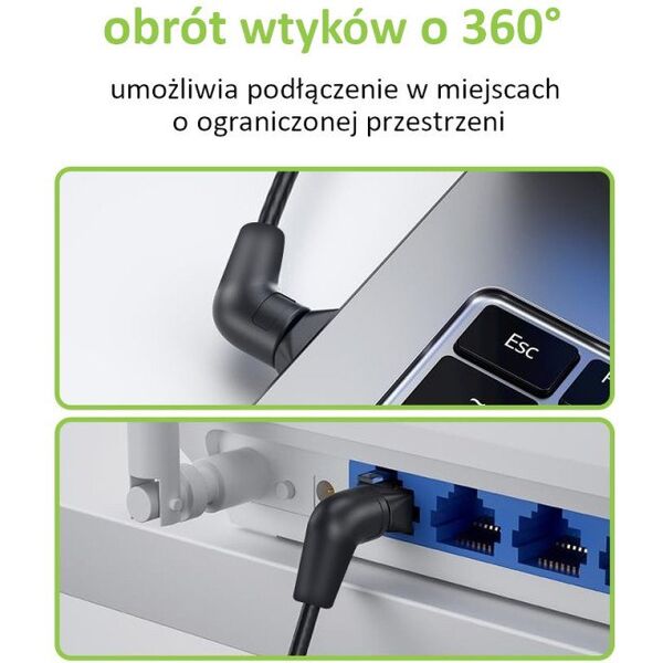 Kabel sieciowy patchcord Cat6a UTP kątowy obrotowy 2m slim czarny
