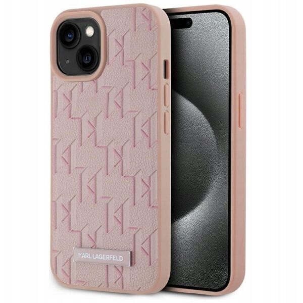 Case Karl Lagerfeld Leather Monogram Metal Logo MagSafe for iPhone 15 pink
